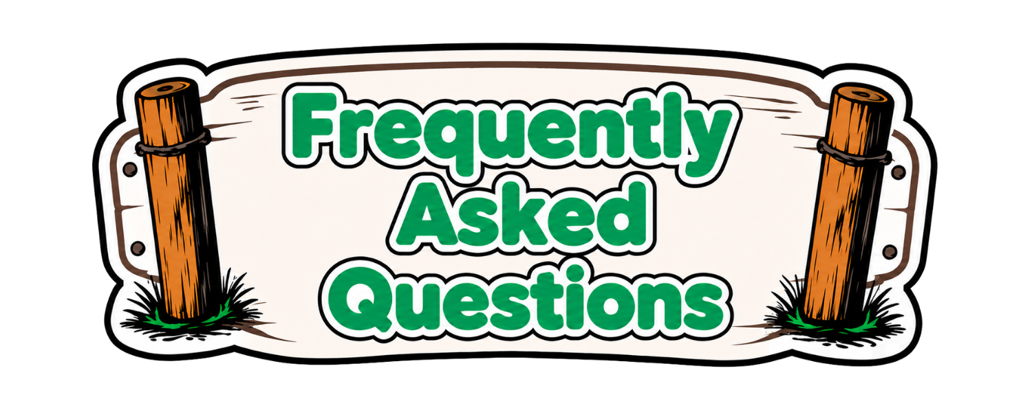 A decorative sign with wooden posts at the corners reading 'Frequently Asked Questions' in green text.