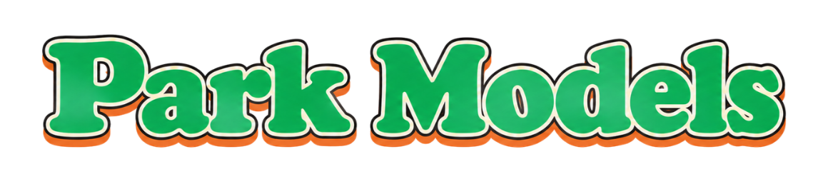 Logo for Park Models with green text and orange outline on black background.