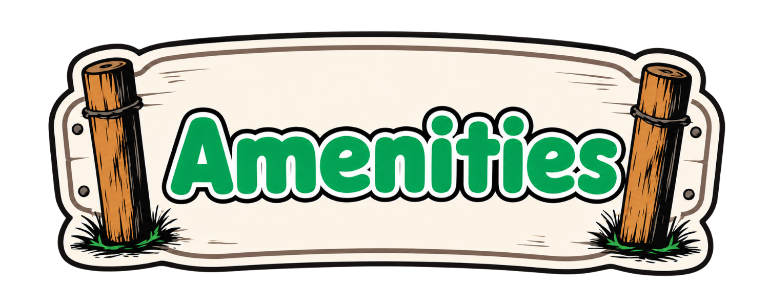 Sign with the word 'Amenities' in green letters, framed by wooden posts and grass at the base.
