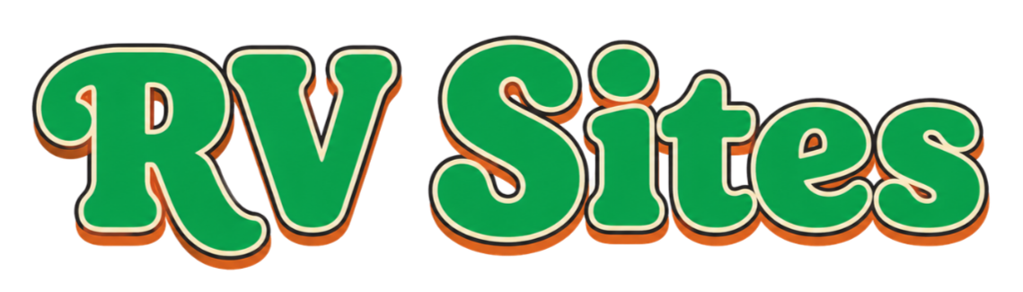 Logo with the text 'RV Sites' in large, green, stylized font with a white border and a shadow effect.