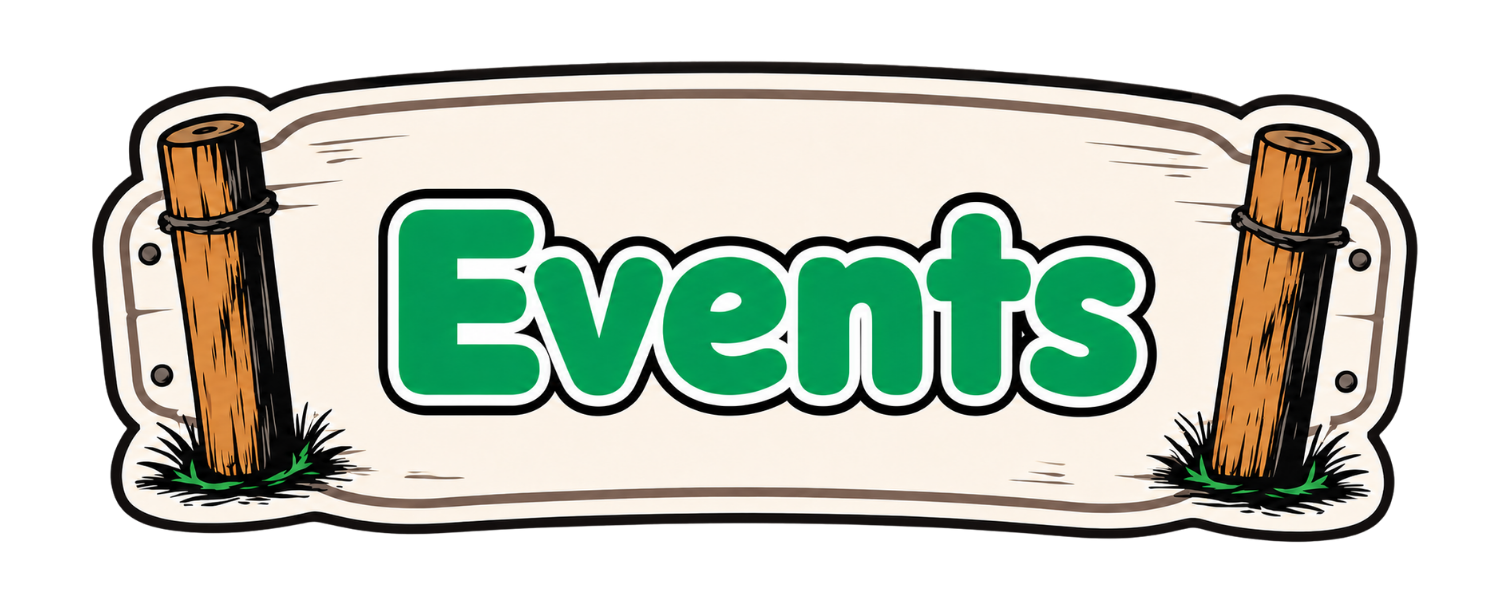 Cartoon banner with the word 'Events' in green letters, attached to two brown wooden posts with bolts, on a black background.