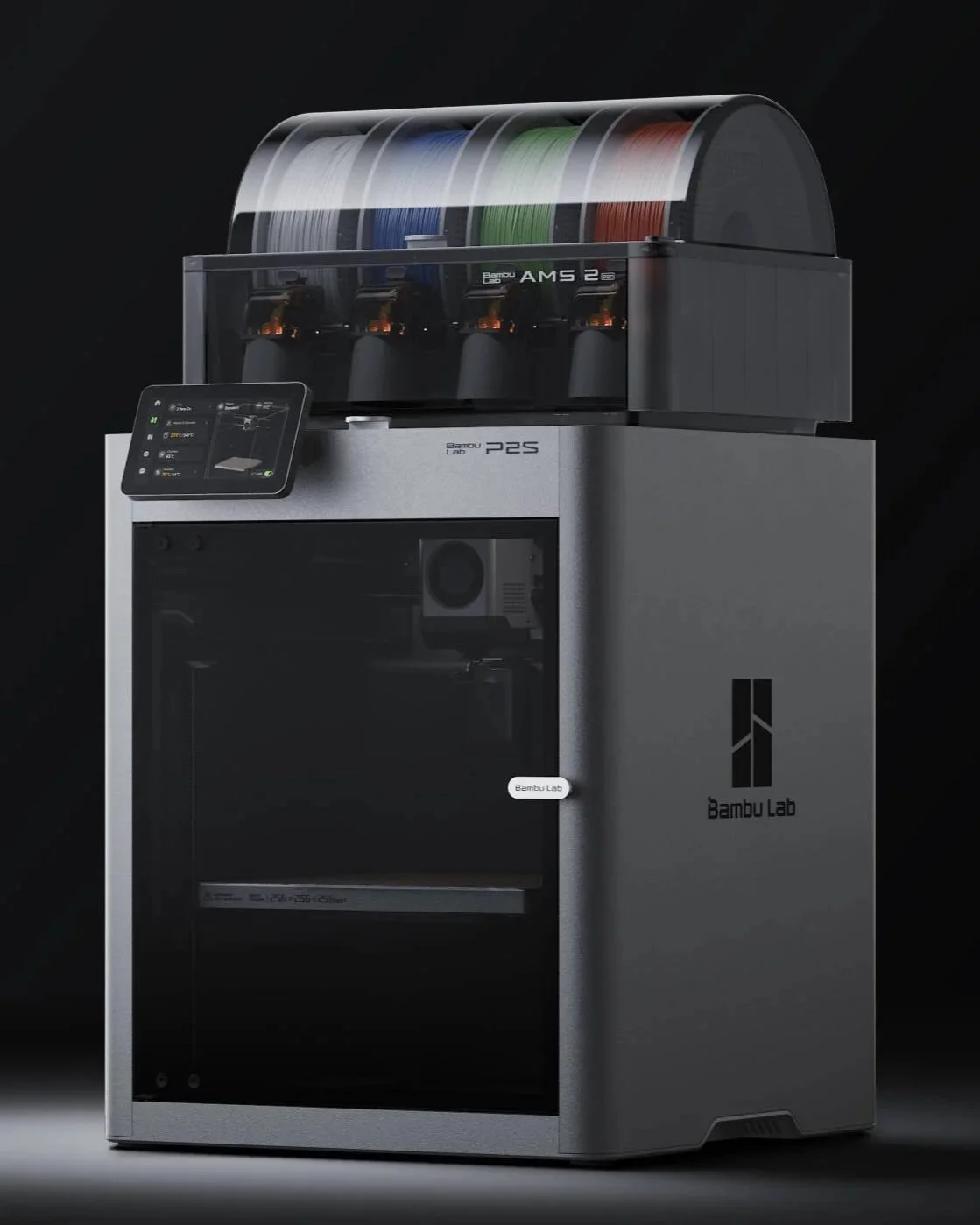 A modern Bambu Lab 3D printer with spools of filament on top and a control touchscreen on the side, set against a black background.