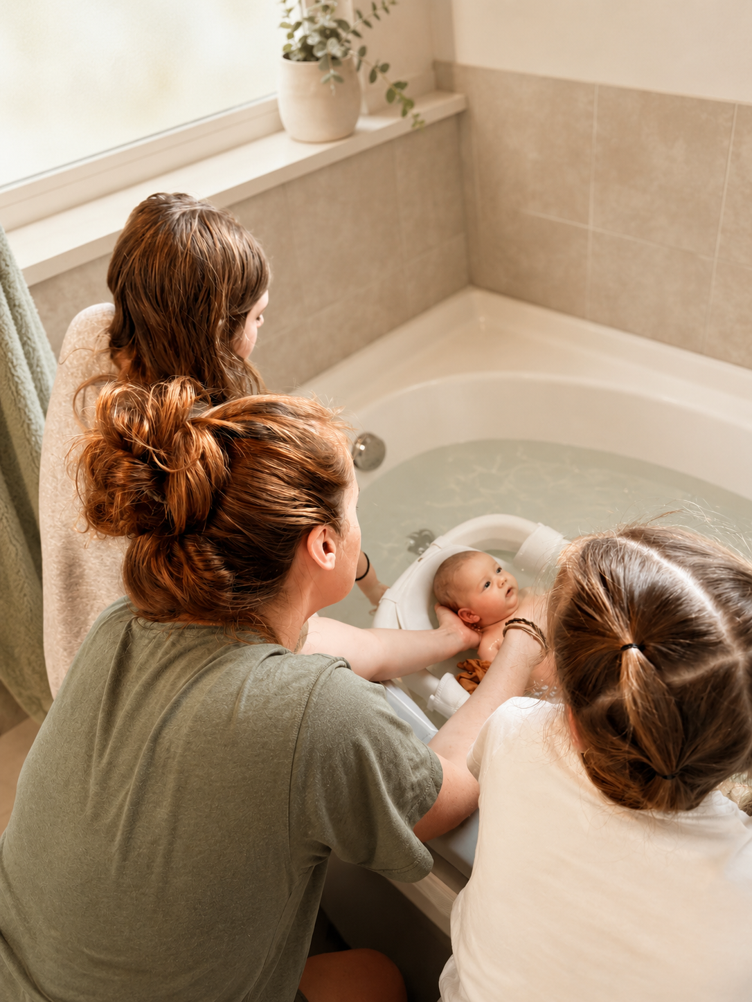 A group of women, two with reddish-brown hair in buns and one with blonde hair, are helping a baby during a bath in a bathtub. The baby is sitting in a bath seat with water, and the women are supporting and washing the baby. The bathroom has beige tiles and a window with a potted plant on the windowsill.