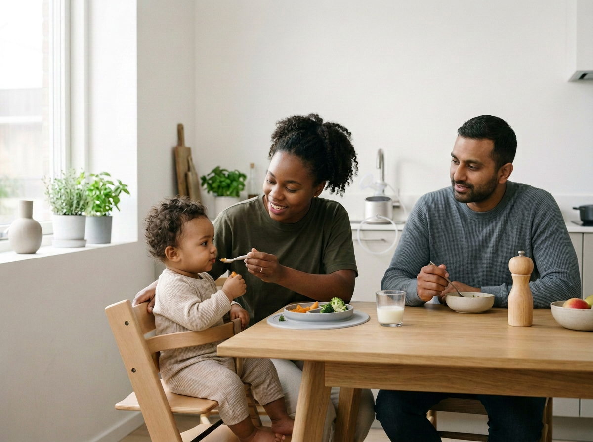A family of three sitting at a wooden dining table having a meal. The woman is feeding a young child, who is sitting on a high chair, while the man looks on. The table has bowls of food, a glass of milk, and a pepper grinder. The room is bright with natural light and has potted plants on the windowsill.
