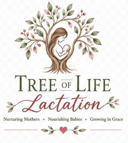 Illustration of a woman on a tree with branches transforming into a mother nurturing a baby, with text 'Tree of Life Lactation' and the phrases 'Nurturing Mothers,' 'Nourishing Babies,' and 'Growing in Grace.'