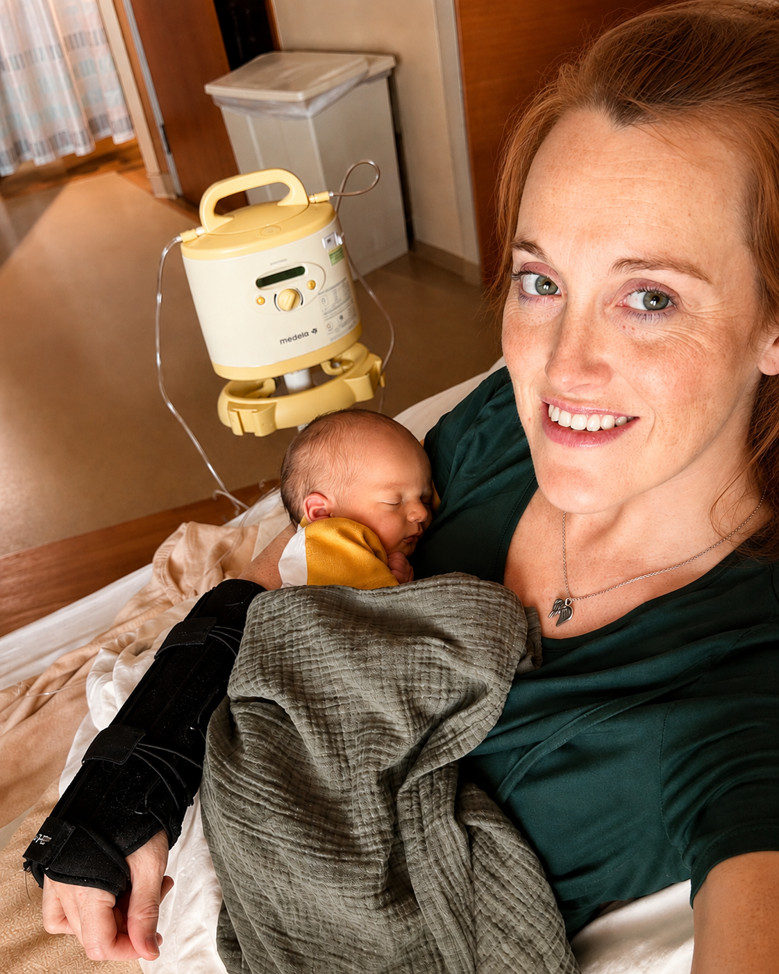 A woman with red hair and freckles, smiling, holding a sleeping baby in a postpartum room with breast pump at bedside. She has a wrist brace on her arm.