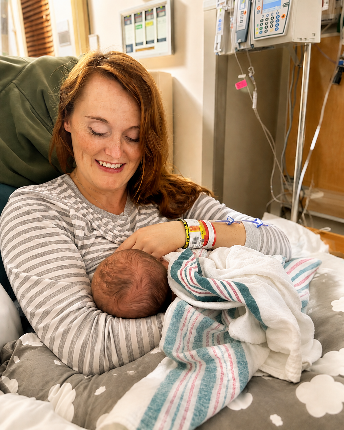 A woman in NICU cradles her newborn baby, smiling and looking down at the baby, with IV and hospital monitors visible in the background.