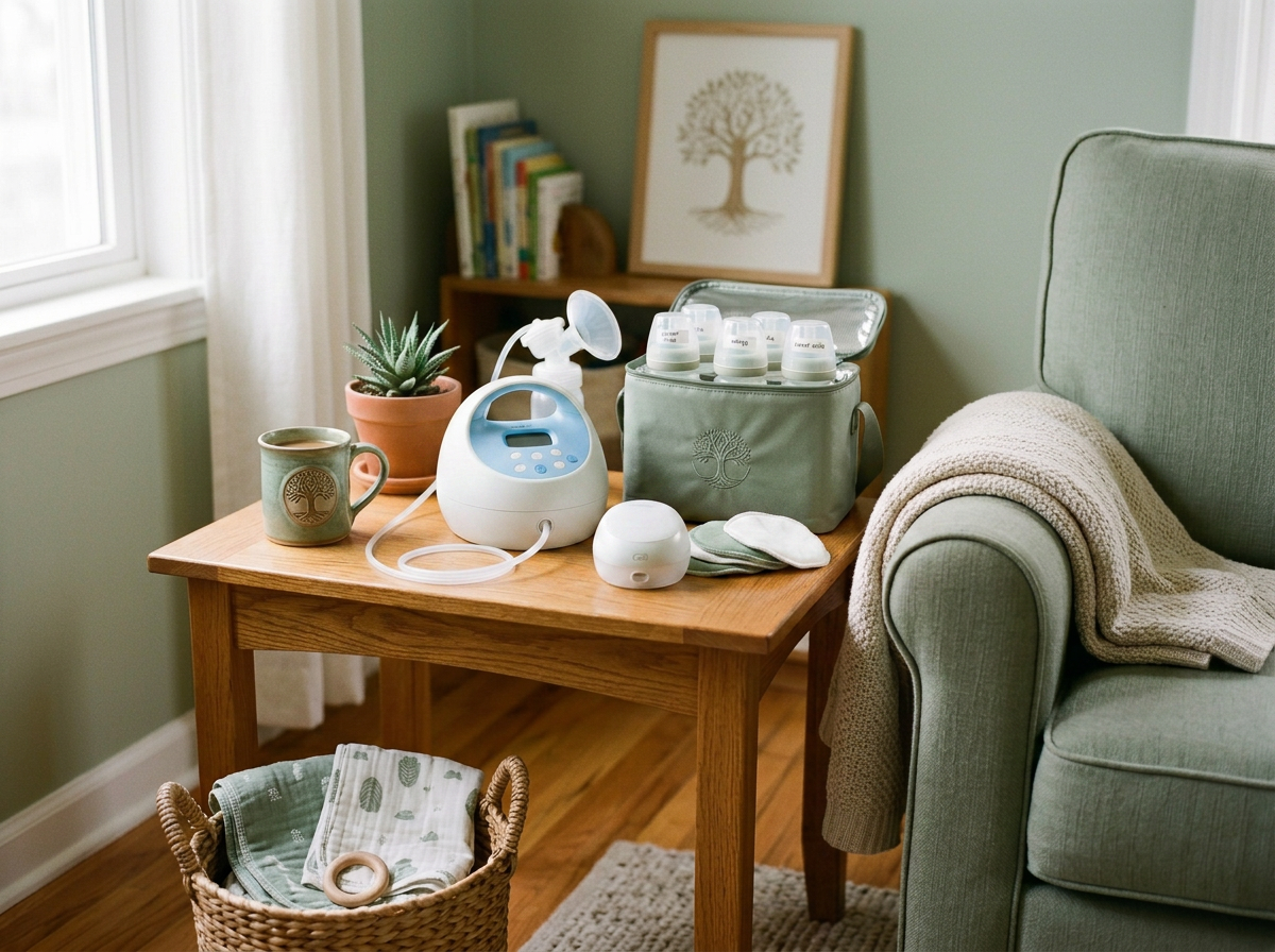 A living room with a wooden table near a green armchair. The table holds a plant, a coffee mug, a breast pump, bottles, and a cooler bag. There is a basket with cloths and a teardrop-shaped object. In the background, a bookshelf and a framed tree artwork are visible.