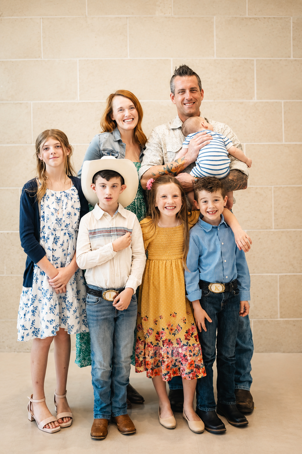 A family of seven, including three girls and three boys, along with two adults, standing together indoors against a beige wall. The adults are holding two infants, and everyone is smiling.