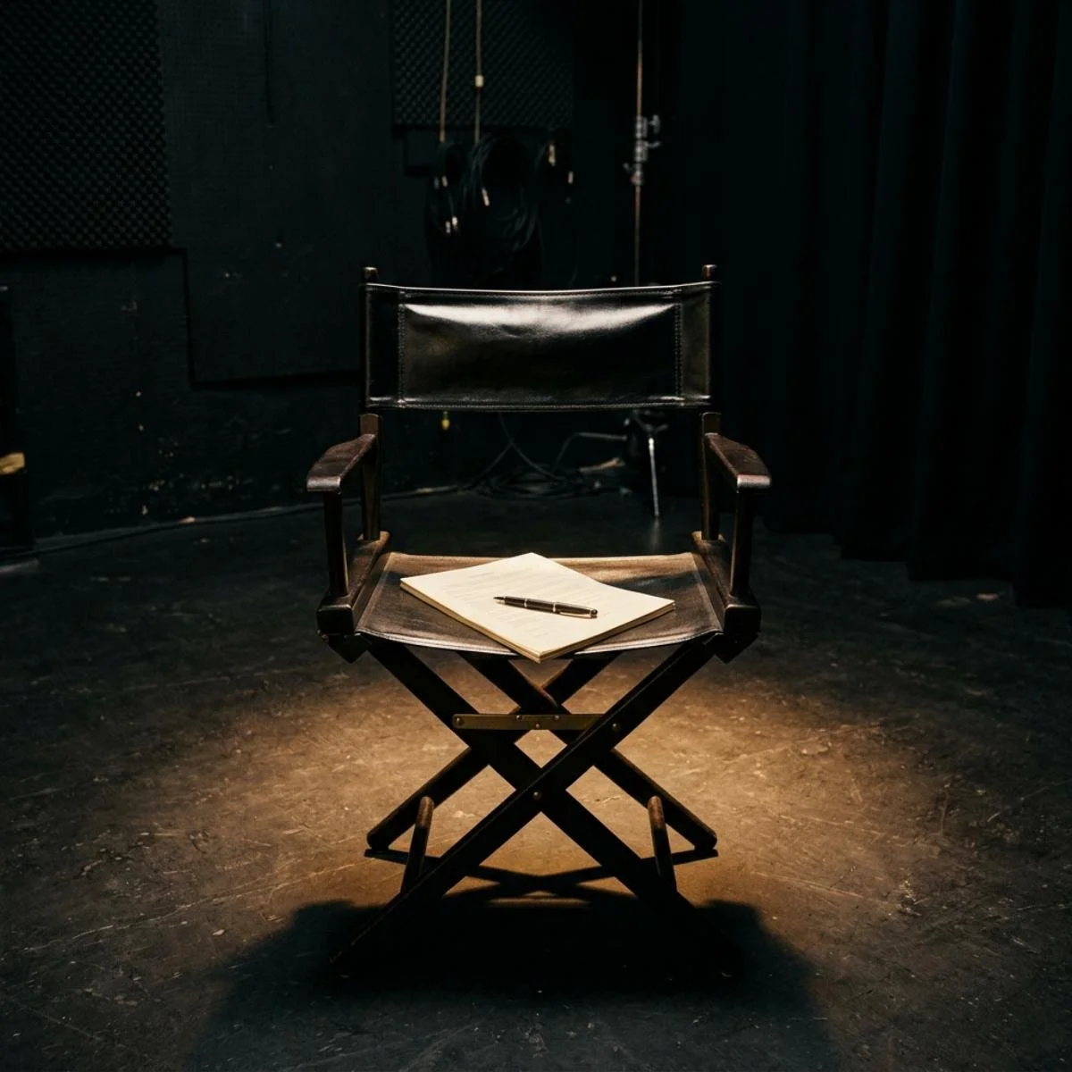 Empty director’s chair with a script and pen on the seat in a dark film studio