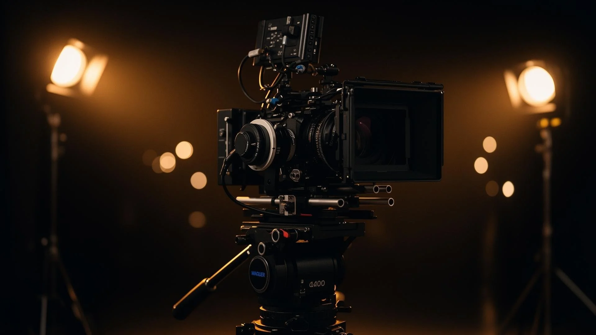 Professional cinema camera with matte box and monitor on a tripod, surrounded by warm studio lights.