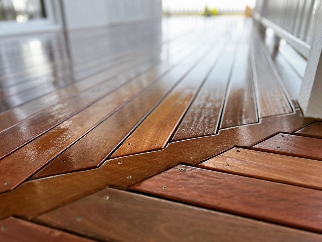 Close-up of a wet wooden porch or deck with wooden planks and railing, with some sunlight reflecting on the surface.
