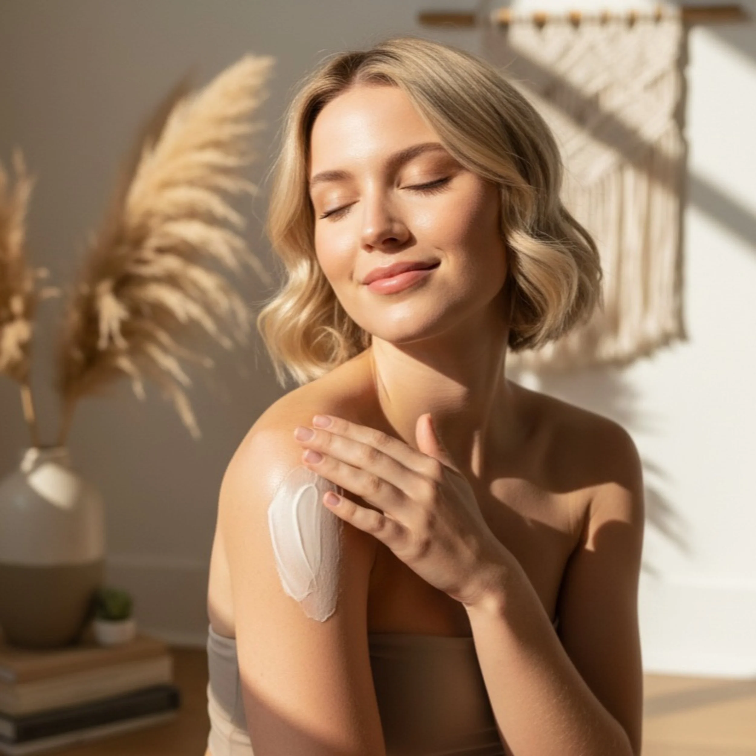 Model with glowing skin applying House of Stillstone Bare Serum Emulsion Lotion during a natural skincare routine.