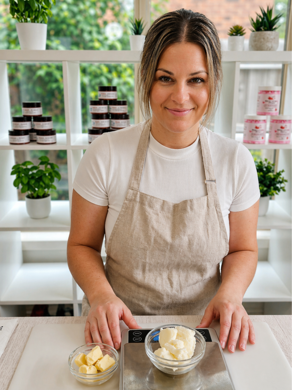 Founder of House of Stillstone weighing shea, mango and kokum butter to hand make small-batch natural skincare