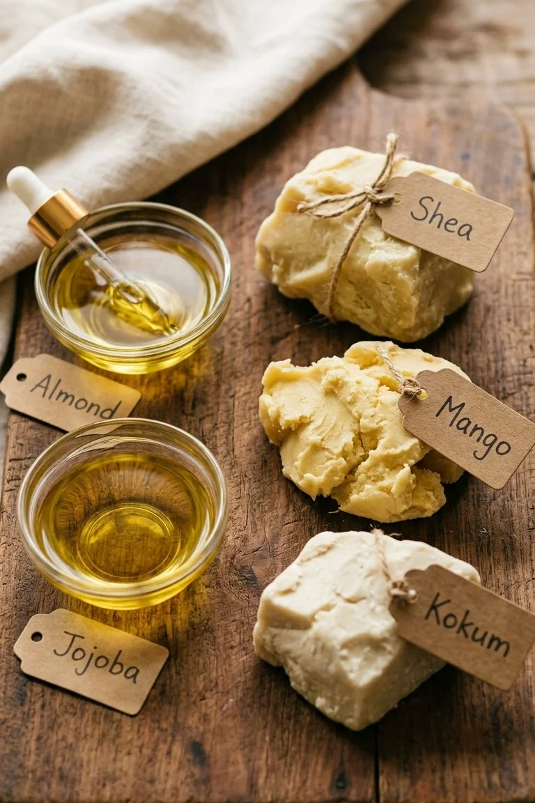 Natural shea, mango, and kokum body butters with essential carrier oils – House of Stillstone skincare ingredients.
