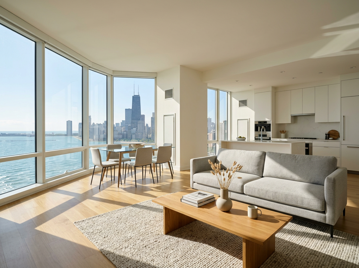 Modern living room with large windows showing a city skyline, featuring a gray sofa, wooden coffee table with books and a vase, dining table with chairs, and an open kitchen area.