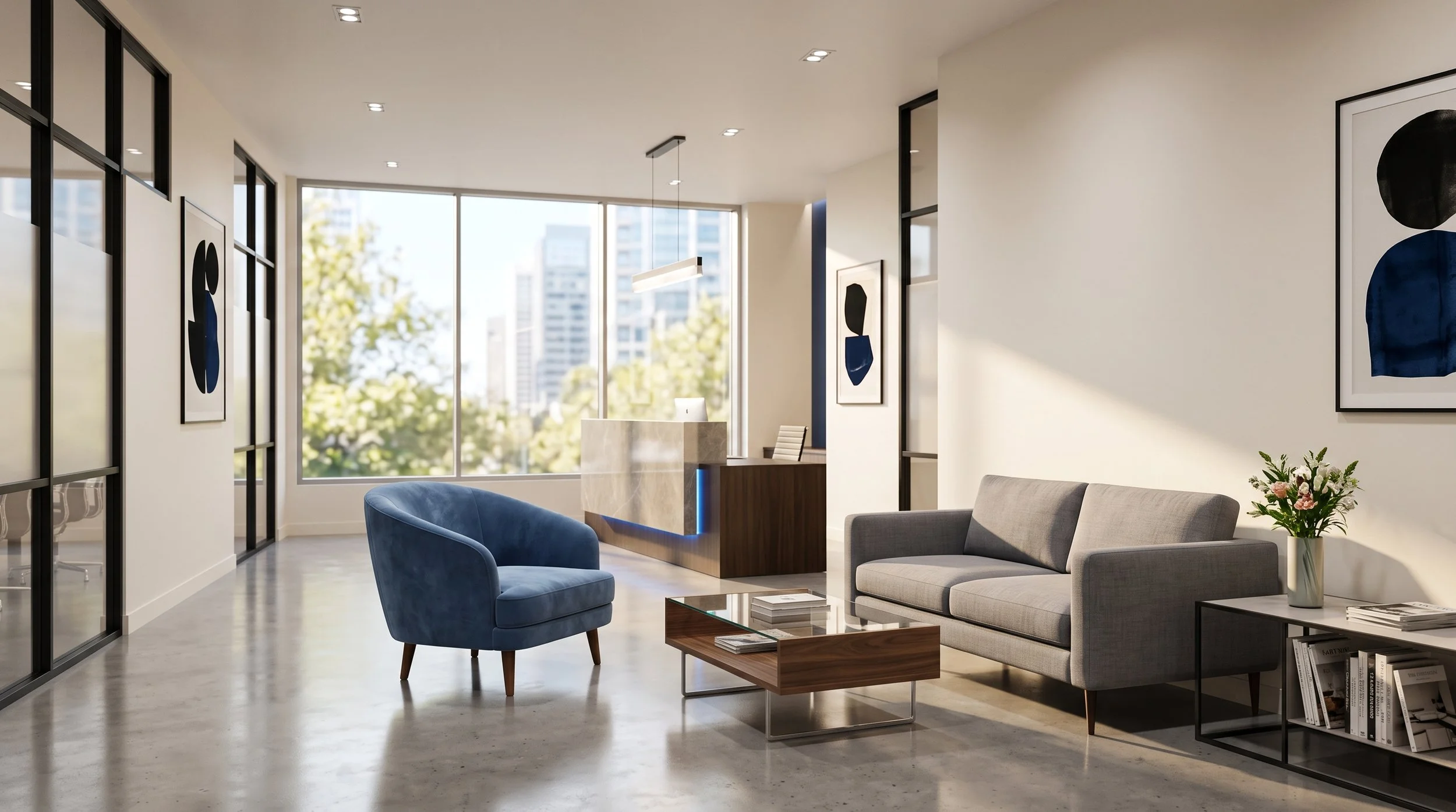 Spotless modern office lobby with reception desk and seating area, commercial office cleaning in Chicagoland