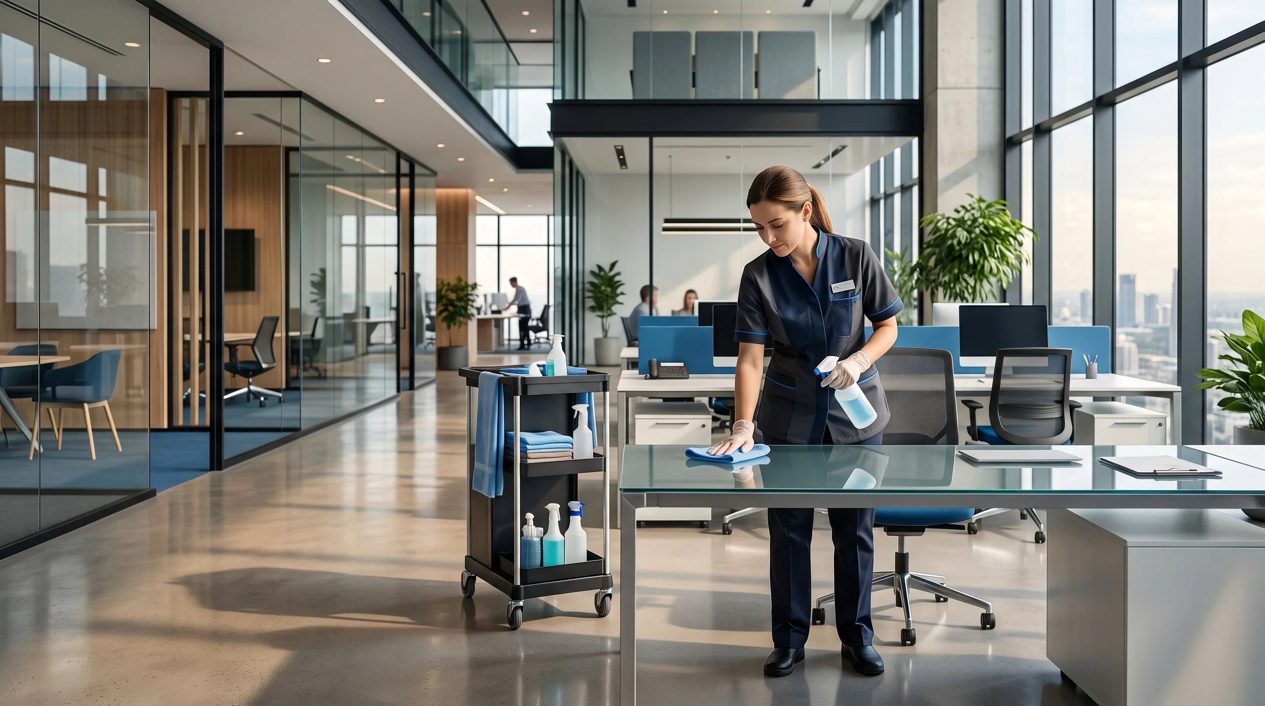 Professional cleaner wiping a glass table in a modern office, commercial office cleaning services in Chicagoland