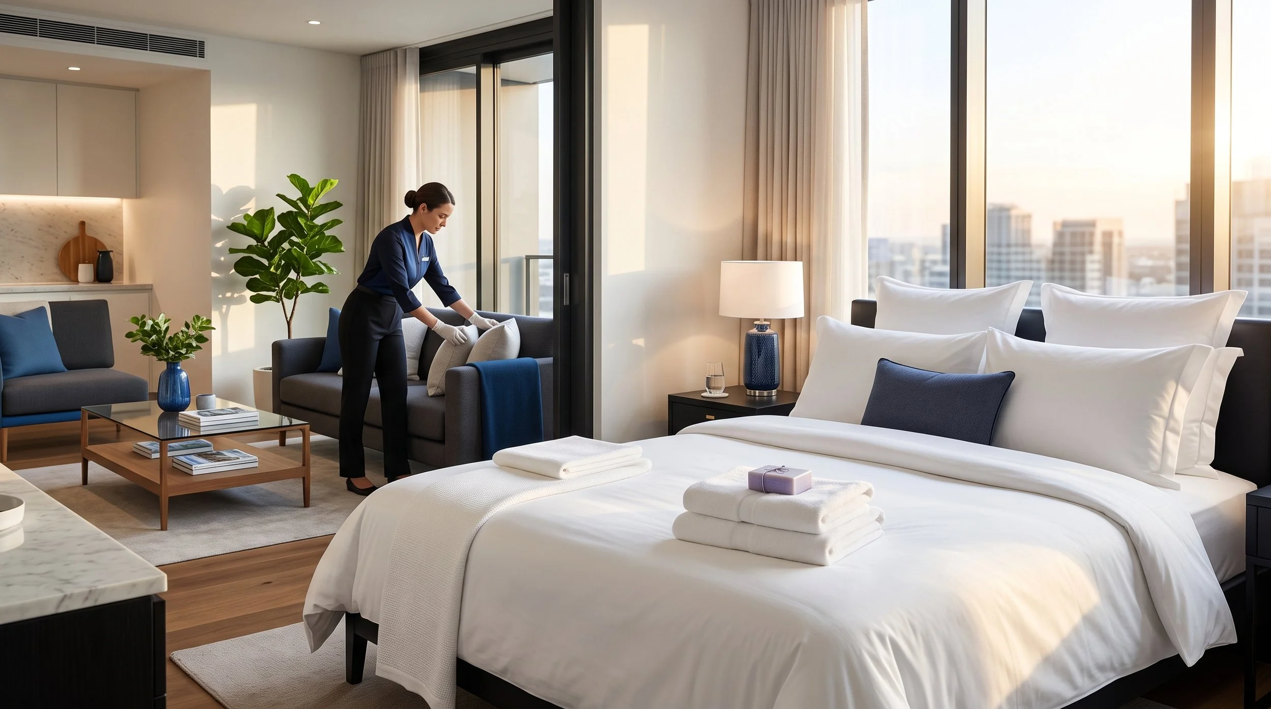 Hotel-ready turnover cleaning of a short-term rental bedroom with fresh white linens and towels in Chicagoland