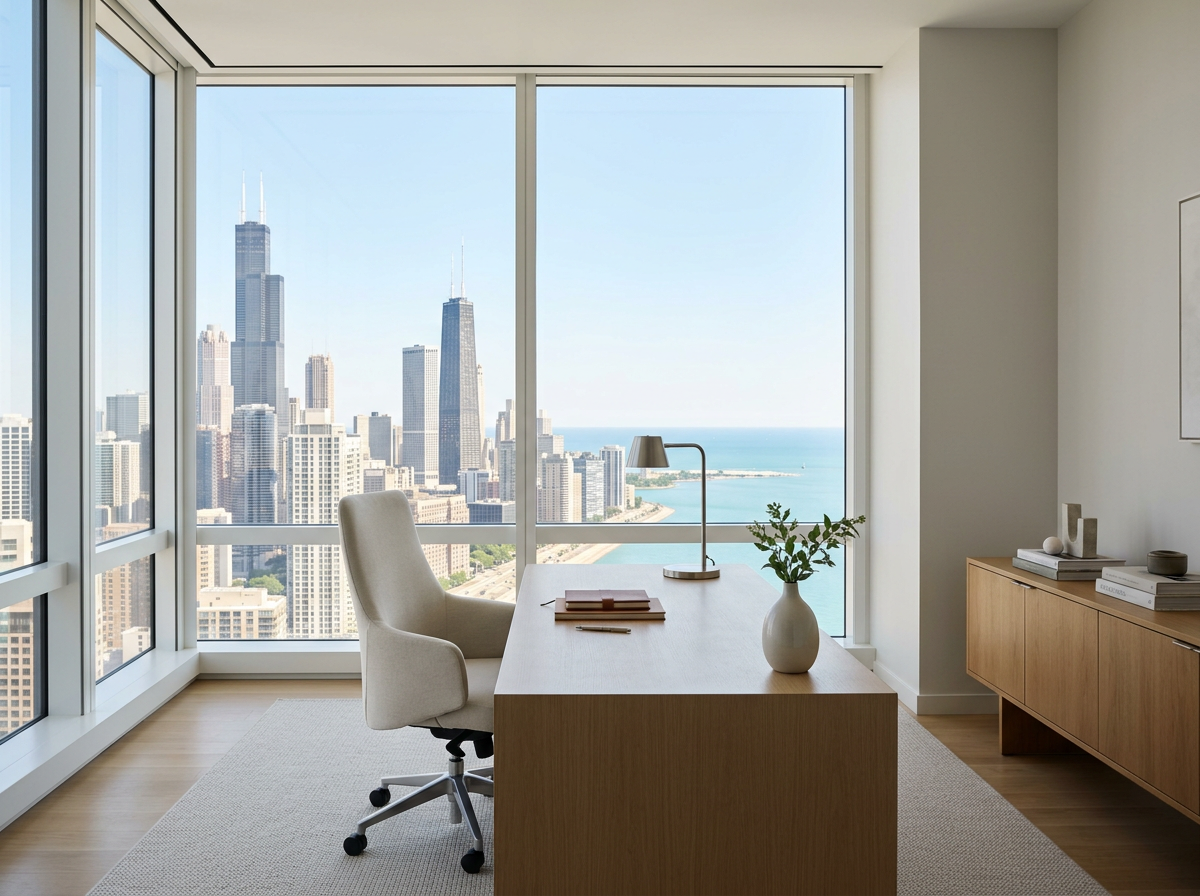 Modern office with a view of a city skyline and lake through large windows, featuring a desk with a chair, a table lamp, a vase with greenery, and a sideboard with decorative items.