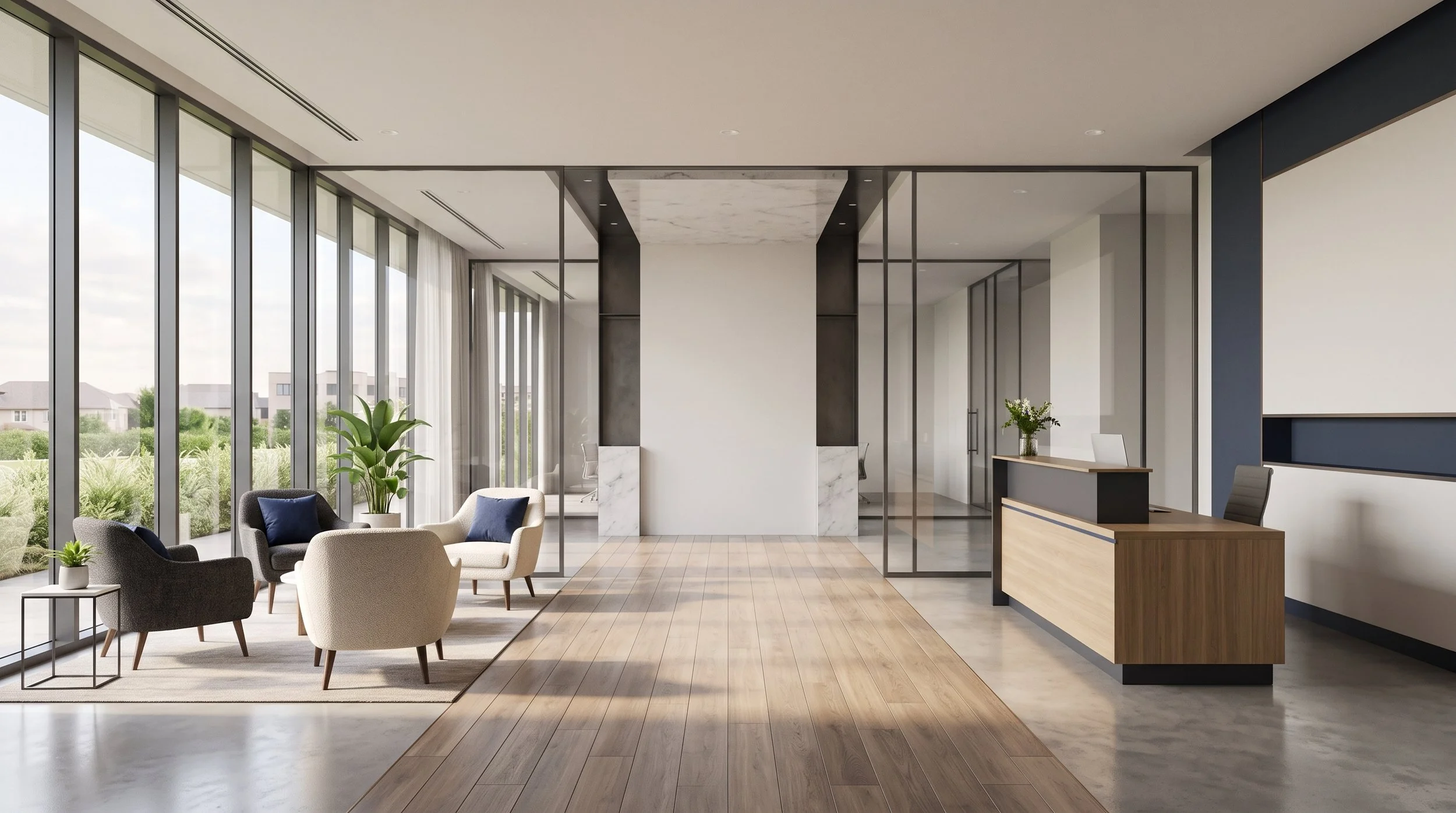 Clean modern lobby with glass walls and seating area, commercial cleaning for property managers in Chicagoland
