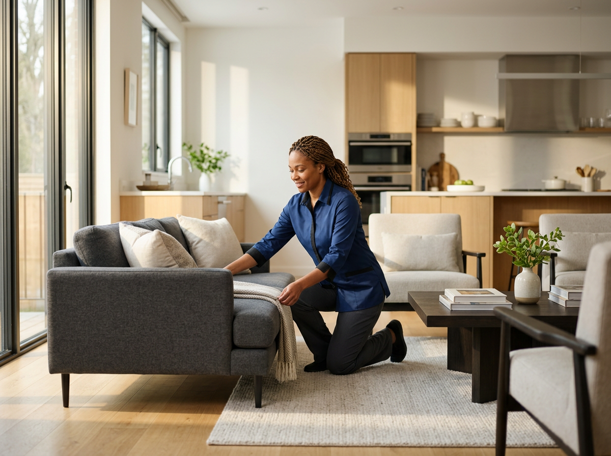 Woman kneeling on the floor arranging cushions on a gray sofa in a bright living room with large windows and a kitchen in the background.