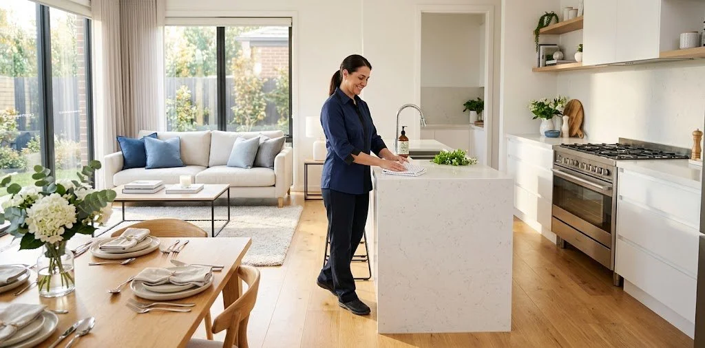 Professional cleaner wiping a kitchen island in a bright modern home