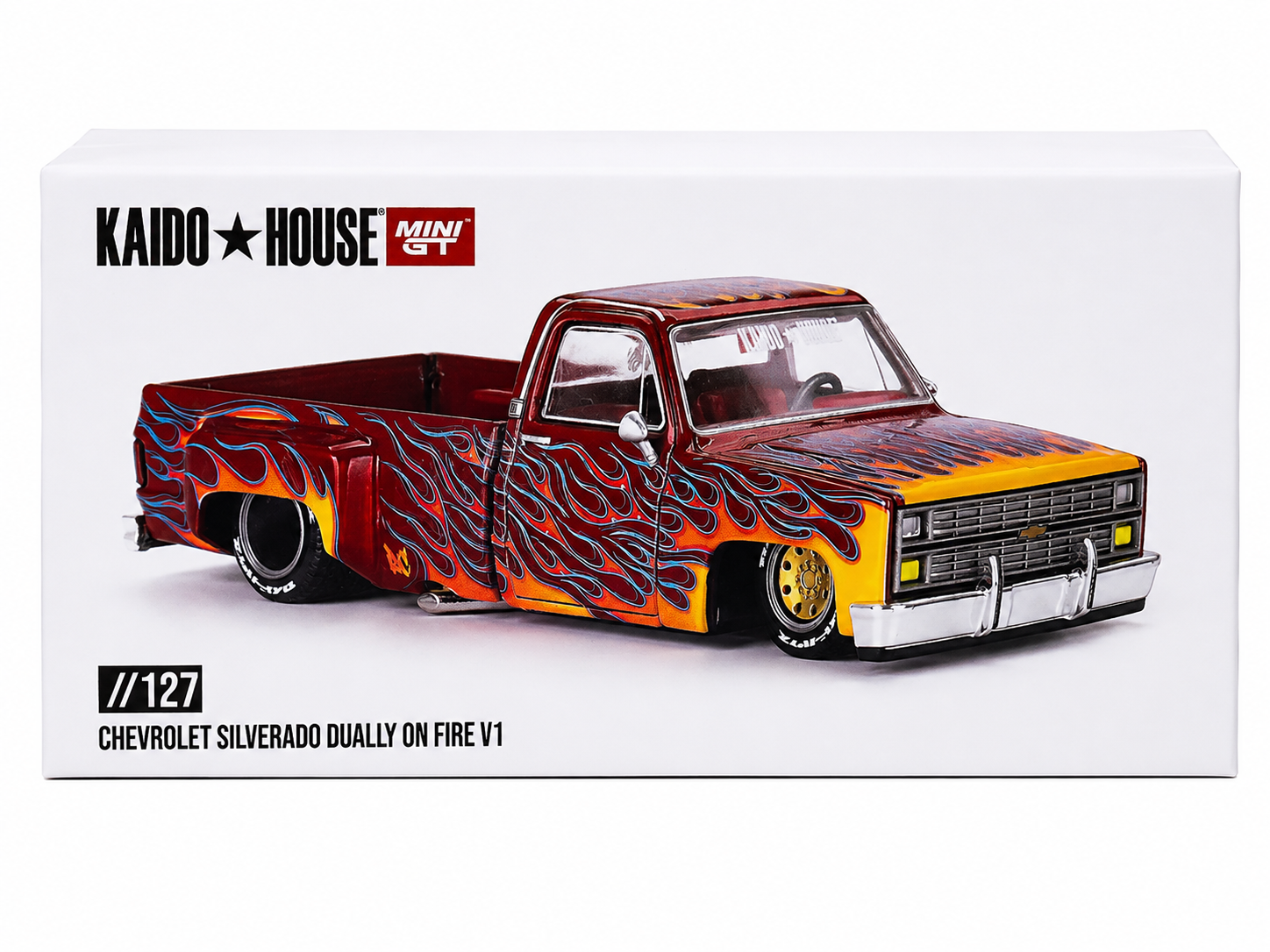 Kaido House x MINI GT Chevrolet Silverado Dually on Fire V1 1:64 Diecast KHMG127