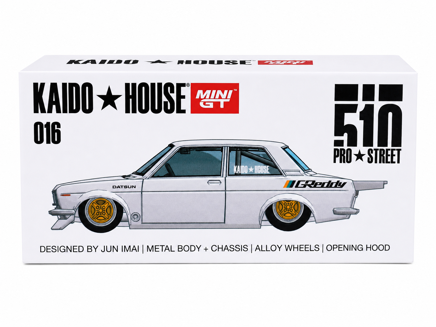 Kaido House x MINI GT Datsun 510 Pro Street Greddy Pearl White 1:64 Diecast Model Car KHMG016