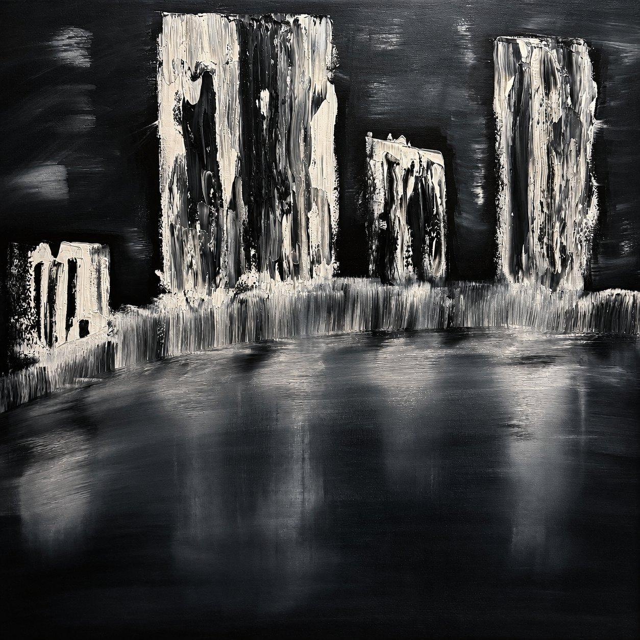 Abstract black and white painting of a city skyline reflecting on water, with textured, vertical brushstrokes.