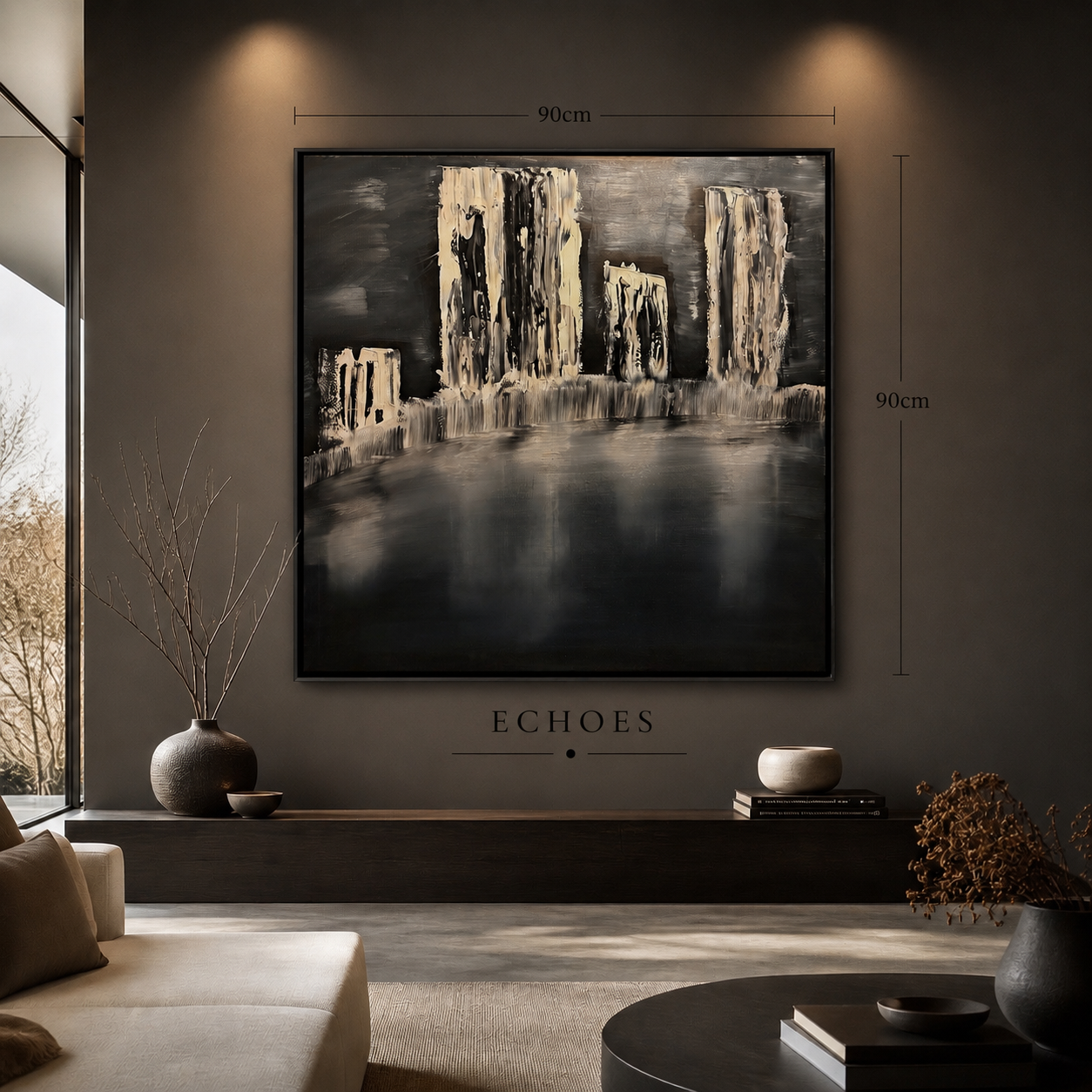 Modern living room with a large abstract painting of skyscrapers above a black shelf, with a beige sofa, a vase with branch decor, and a window with trees outside.