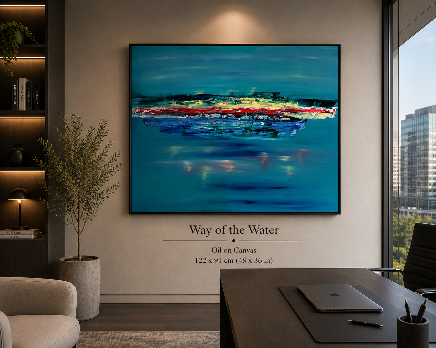 Abstract oil painting titled 'Way of the Water' on a beige wall in a modern office, measuring 122 by 91 cm, depicting a blue water scene with streaks of red, yellow, and white.