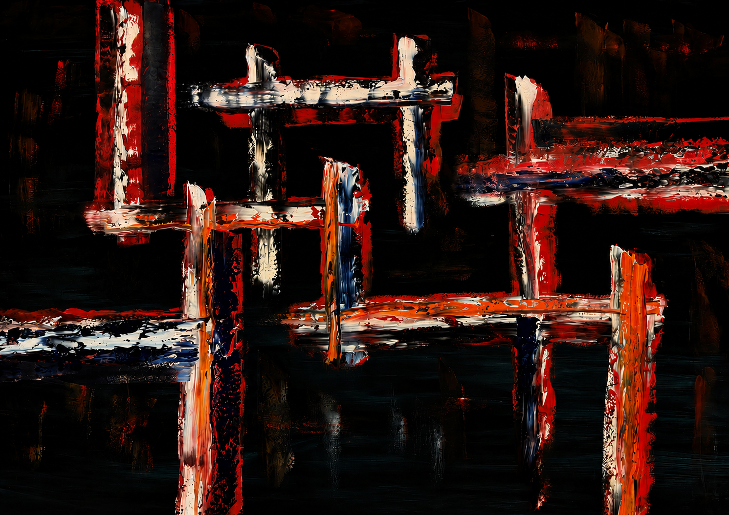 Abstract painting with vertical and horizontal brush strokes in red, orange, white, black, and blue on a dark background.