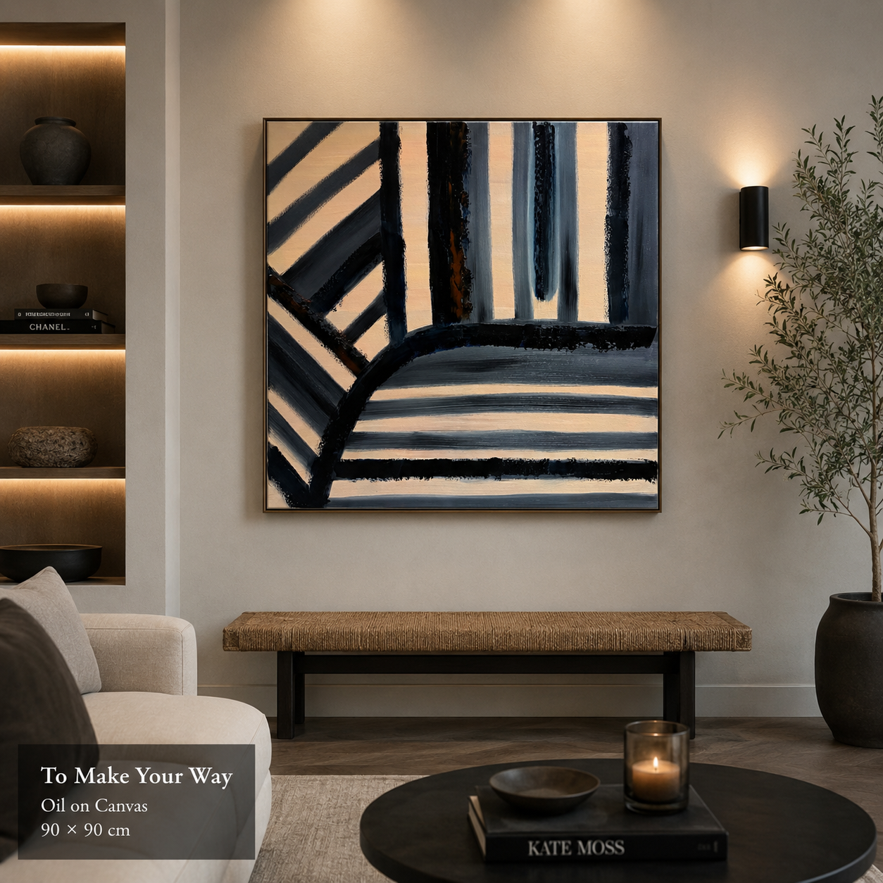 Modern living room with a large abstract oil painting titled 'To Make Your Way' hanging on the wall, featuring black and beige geometric shapes; a bench with a woven seat below the painting; a small round table with a candle and a book on it, surroun