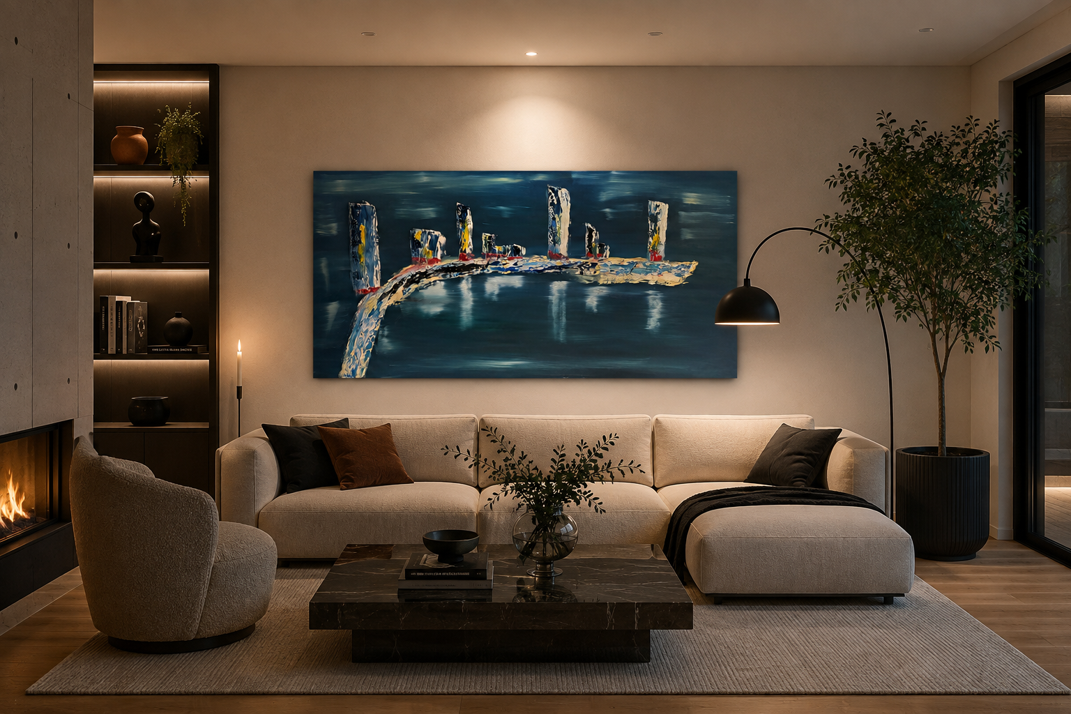 Modern living room with beige sectional sofa, black and brown pillows, black floor lamp, large abstract painting of a dock with pillars over water, potted tree, fireplace, and decorative items on shelves.