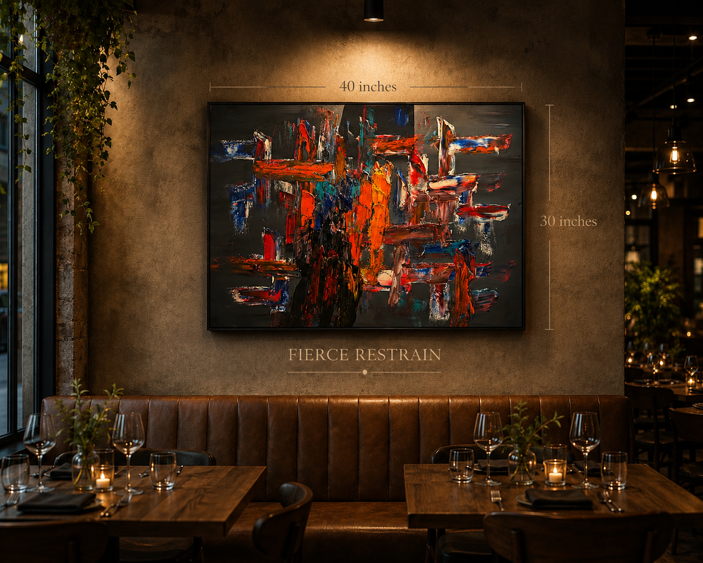 Abstract painting titled 'Fierce Restraint' on a wall of a dimly lit restaurant, measuring 40 x 30 inches, with tables set for dining in front.