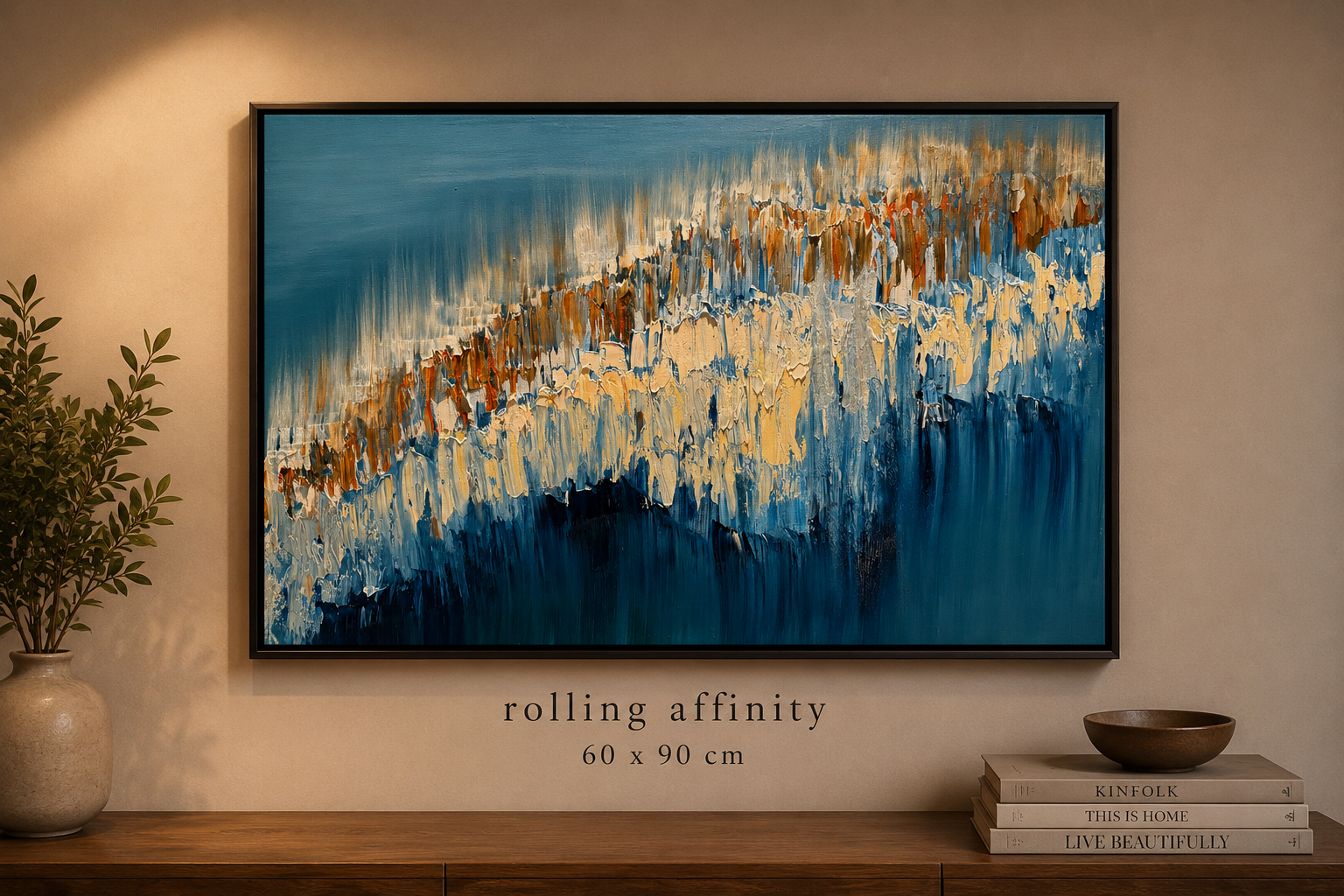 An abstract painting titled 'rolling affinity' on a beige wall. The artwork features blue, brown, and white strokes. Below the painting, text indicates its size as 60 x 90 cm. To the left, a potted plant on a wooden surface, and to the right, a small