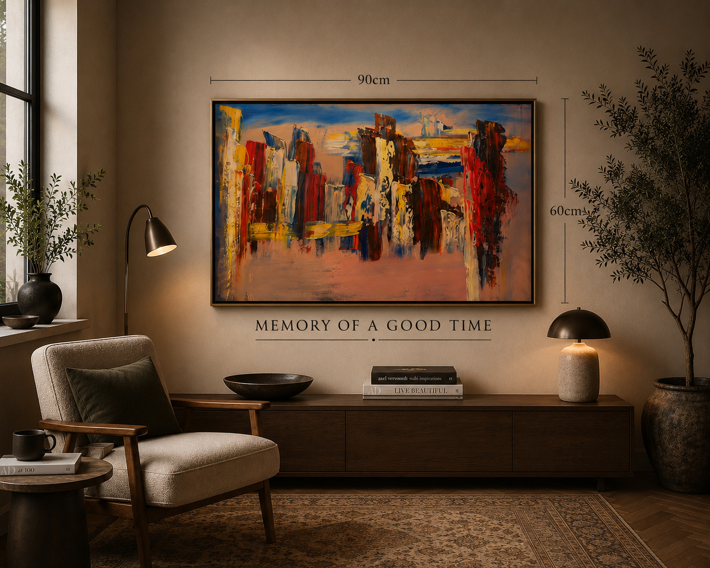 Living room with abstract wall art, a wooden sideboard, a beige armchair with a black cushion, a table with black mugs, a floor lamp, and potted plants, with measurements indicating the art is 90cm by 60cm. The wall has the phrase "Memory of a Good T