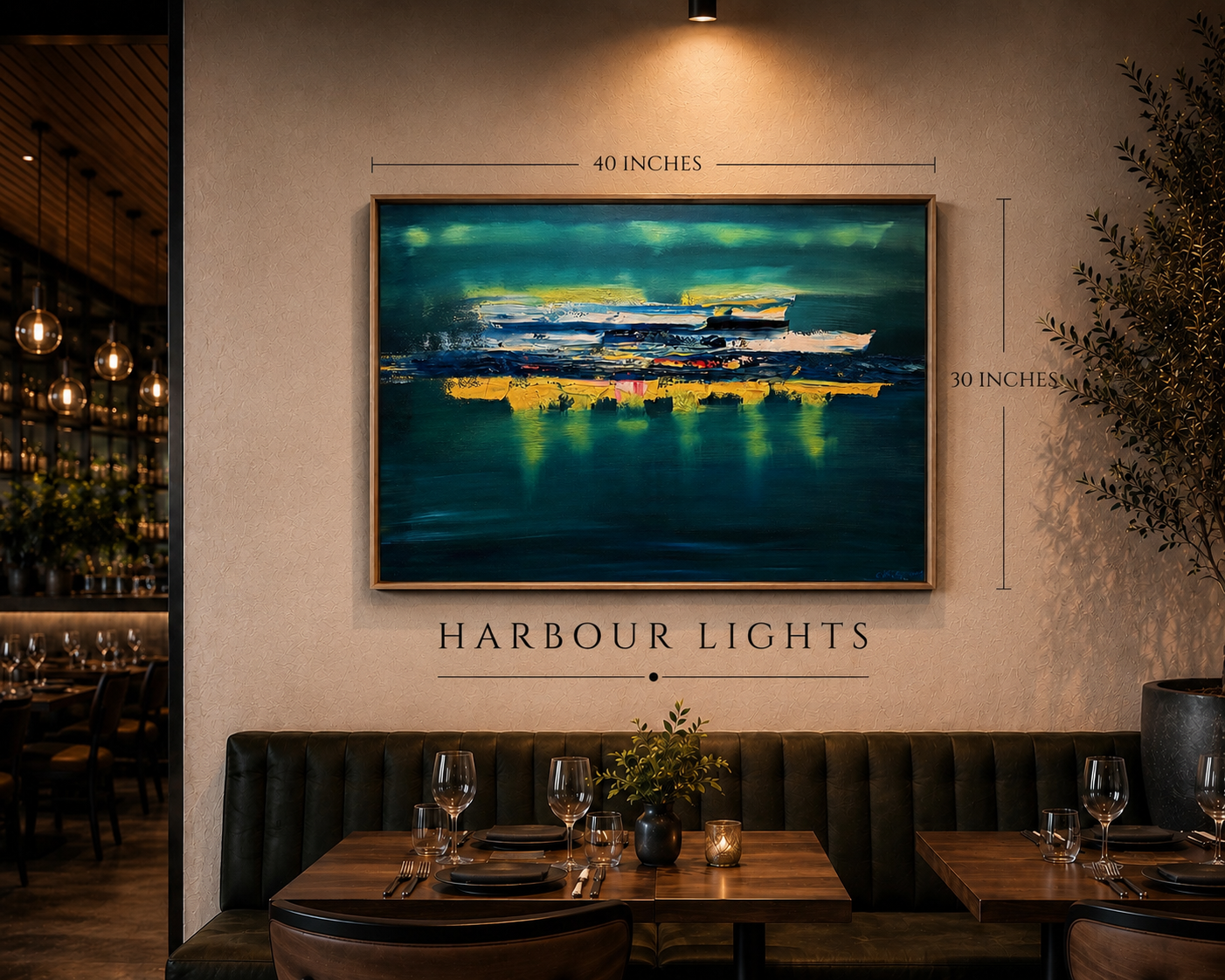 A framed abstract painting titled 'Harbour Lights' measuring 40 inches by 30 inches hangs on a beige wall in a restaurant. The painting features vibrant blue, green, yellow, and white colors reflecting a harbor scene. The restaurant has a dark green 