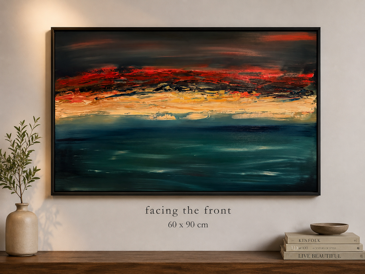 Abstract landscape painting of a sunset over the ocean with a mix of dark and bright colors.