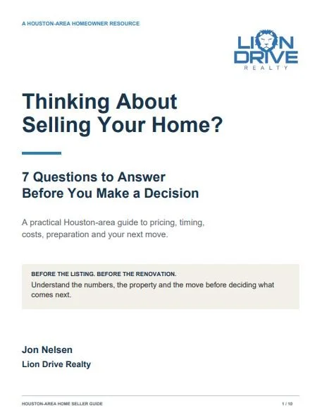 Cover page of a real estate guide titled "Thinking About Selling Your Home?" with the logo of Lion Drive Realty at the top right. Includes subtitle "7 Questions to Answer Before You Make a Decision" and information about understanding numbers, property, and move planning, authored by Jon Nelsen.