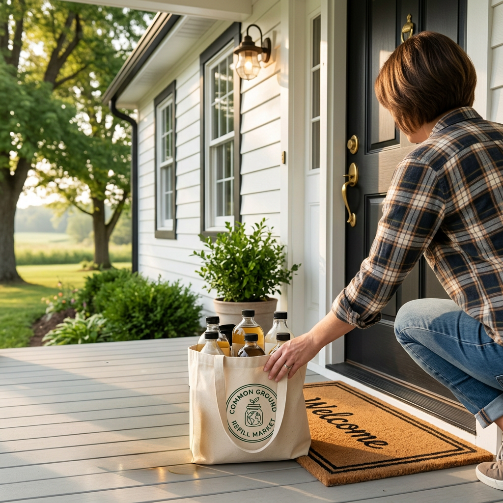 Person placing bottles of non toxic, concentrated household and personal care liquids into a reusable tote bag labeled "Common Ground Refill Market" on a porch outside a house with white siding and black door, surrounded by green trees and shrubs.