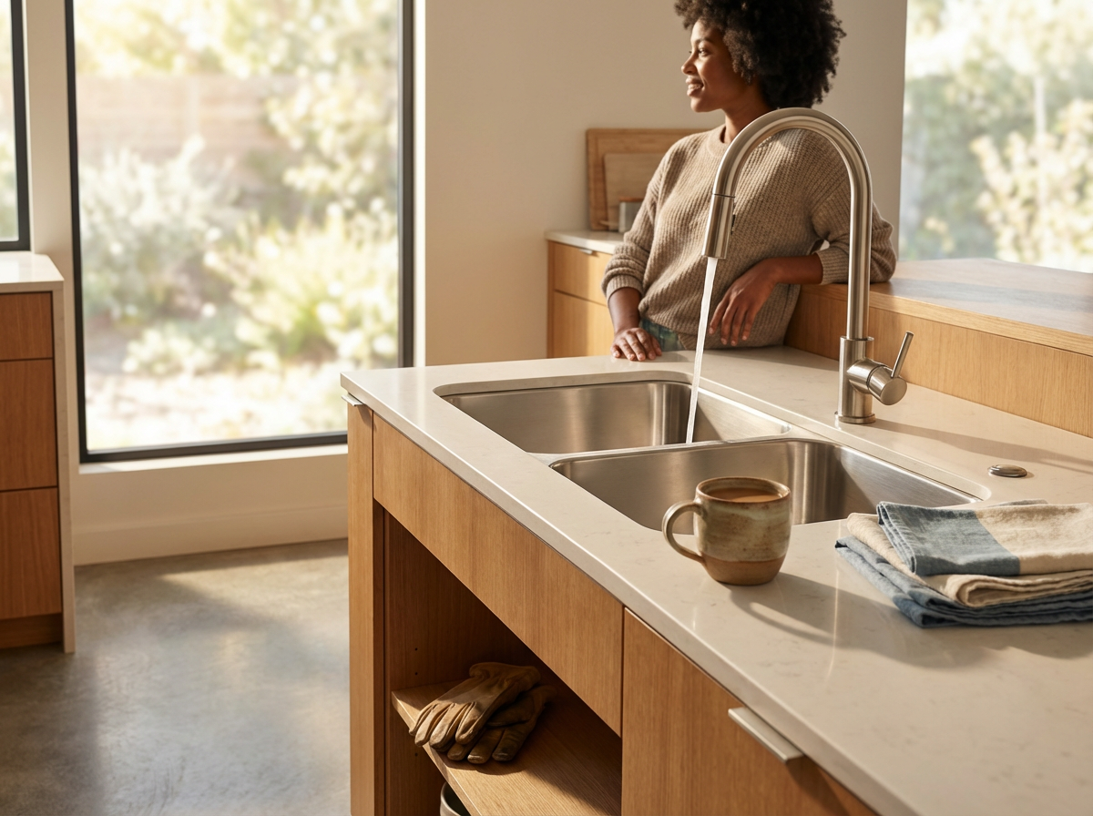 A woman standing at a kitchen sink, looking out of a large window onto a sunny outdoor scene. The kitchen has wooden cabinets and a white countertop with a ceramic mug and a folded cloth on it.