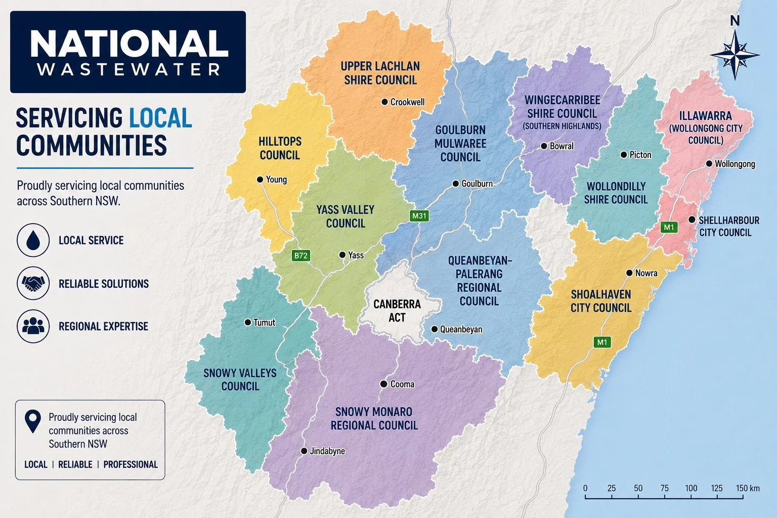 Map of Southern New South Wales showing local councils serviced by National Wastewater, with color-coded regions, city labels, and icons indicating local service, reliable solutions, and regional expertise.