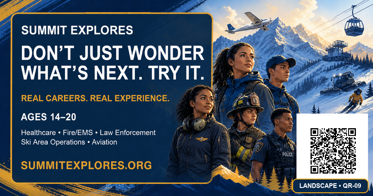 Summit Explores campaign graphic: Don’t just wonder what’s next. Try it. Career exploration for ages 14–20 in Healthcare, Fire/EMS, Law Enforcement, Ski Area Operations, and Aviation, with a QR code linking to summitexplores.org.
