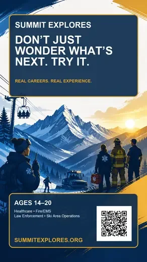Advertisement for Summit Explores featuring mountain scenery and emergency responders with a tagline encouraging new careers.