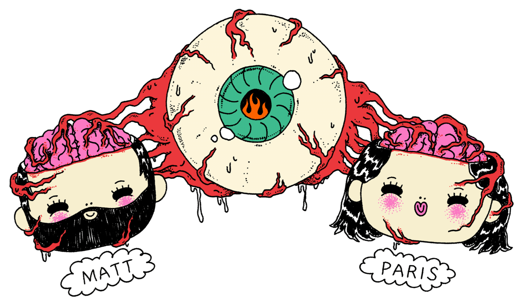 Illustrated self-portraits of Doom-O-Vision creators Matt and Paris as smiling, exposed-brain cartoon heads connected to a giant floating eyeball against a pink background.