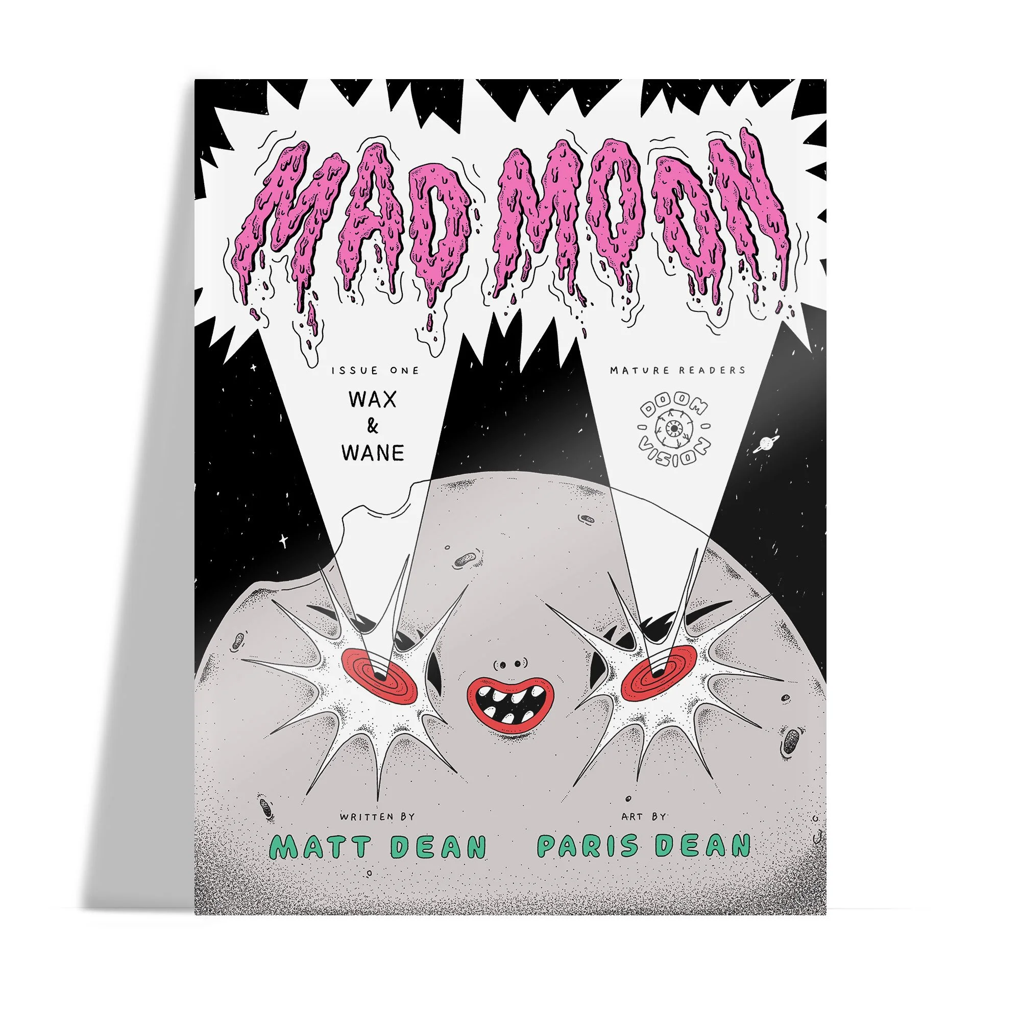 Mad Moon Issue #1 comic book cover featuring surreal black-and-white character artwork.