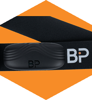 A black fitness tracker with the BP logo on it, placed on top of a black strap with BP branding. The background is orange with black diagonal stripes.