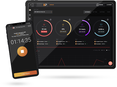 A laptop and a smartphone displaying a workout or fitness tracking app with various health metrics and a timer.